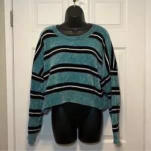 Wild Fable Teal Black Stripe Chenille Thread Soft Sweater Crew L
